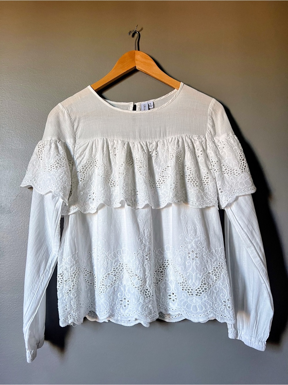 Grace + Karma Lightweight White Eyelet Ruffle Long-Sleeve Top